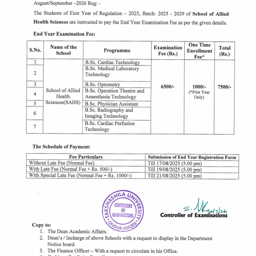 EXAM FEE NOTIFICATION -AHS - R25