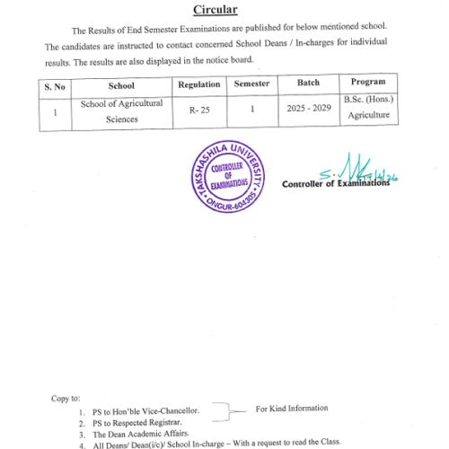 Result of end semester exam 2025-2029